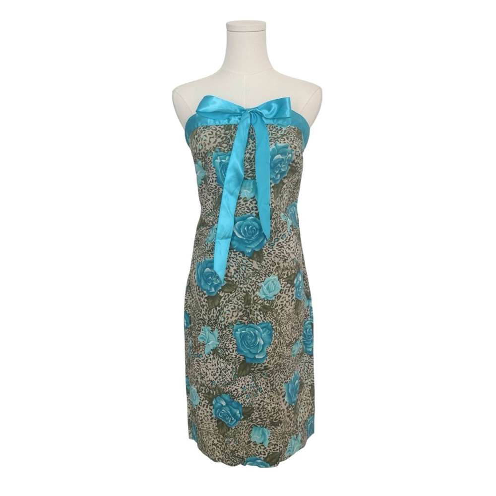 Debbie Shuchat Elegant Strapless Dress with Blue Rose Design made in Canada